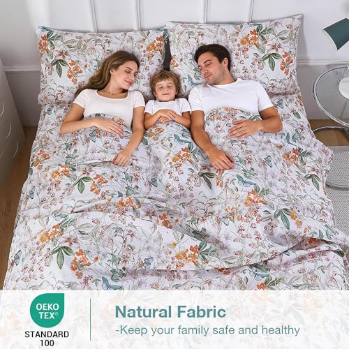 Image of Softan Green Floral Queen Sheet Set, Cozy Microfiber Butterfly Printed Fitted Bed Sheet with 15 inch Deep Pockets & Corner Non-Slip Straps, Botanical Patterned Sheets & Pillowcase Set