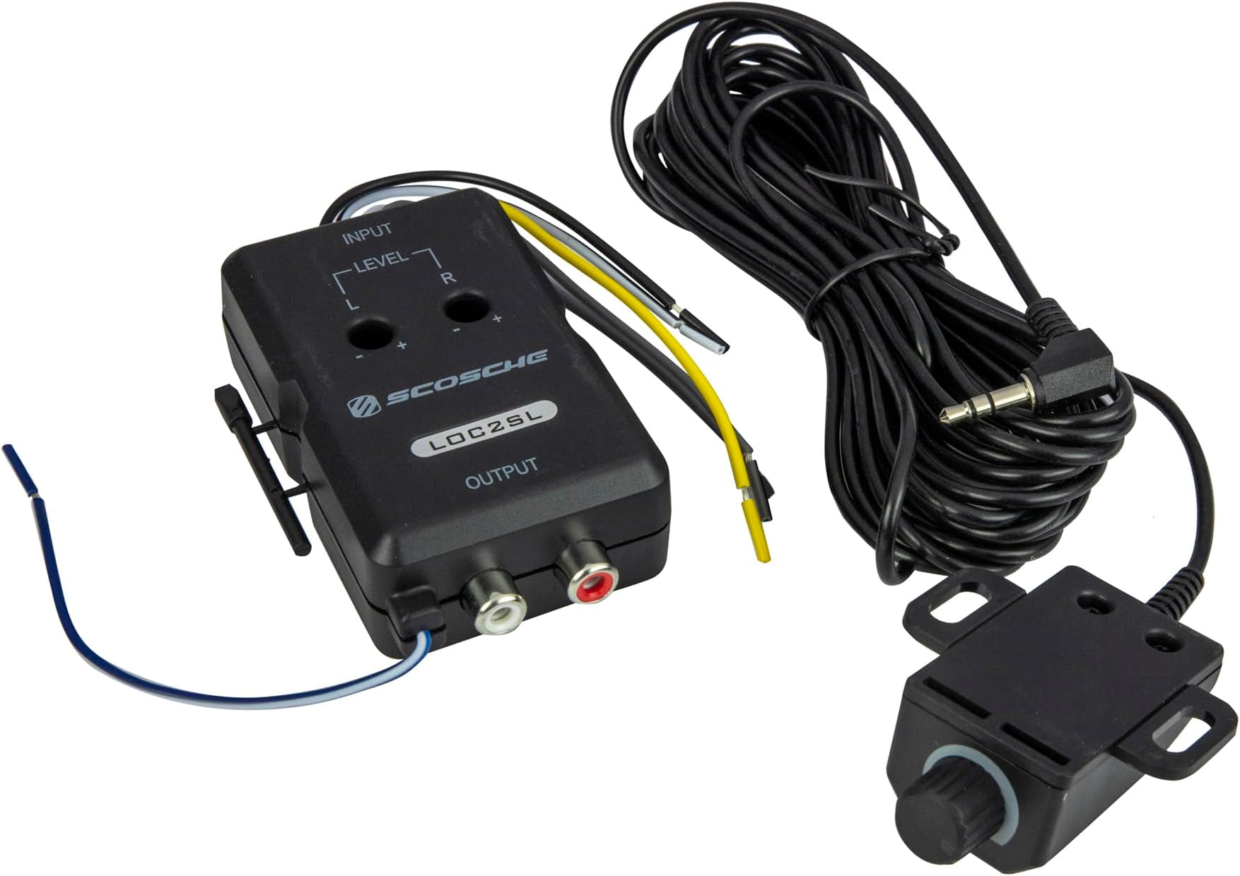Scosche LOC2SL Line Output Converter with Remote Control Knob - 2CH High/Low RCA Converter Car Audio - Ideal for Subwoofer Amp - Line Level Converter for Car Stereo - Easy Installation - Quality Sound