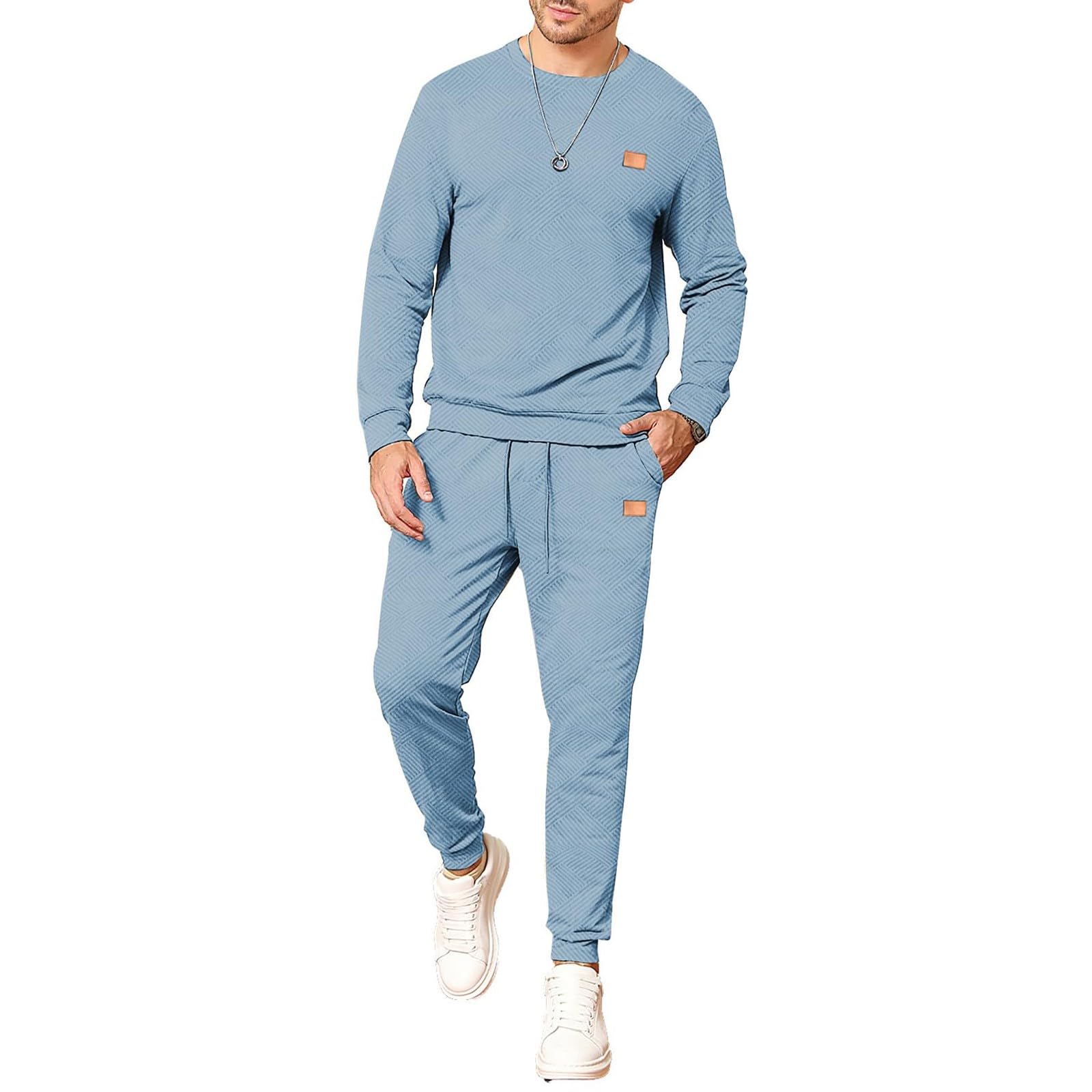 Męski dres treningowy, 2-częściowy, bluza i joggery, niebieska, odzież sportowa dla mężczyzn, miękka bawełniana odzież wypoczynkowa, lekki wygodny dres treningowy na siłownię lub do codziennego