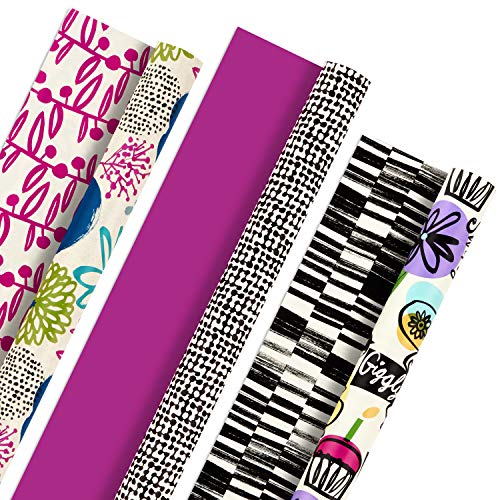 Hallmark Reversible Wrapping Paper (Bold Florals, Black and White, Pack of 3, 120 sq. ft. ttl.) for Easter, Mothers Day, Birthdays, Bridal Showers, Baby Showers or Any Occasion