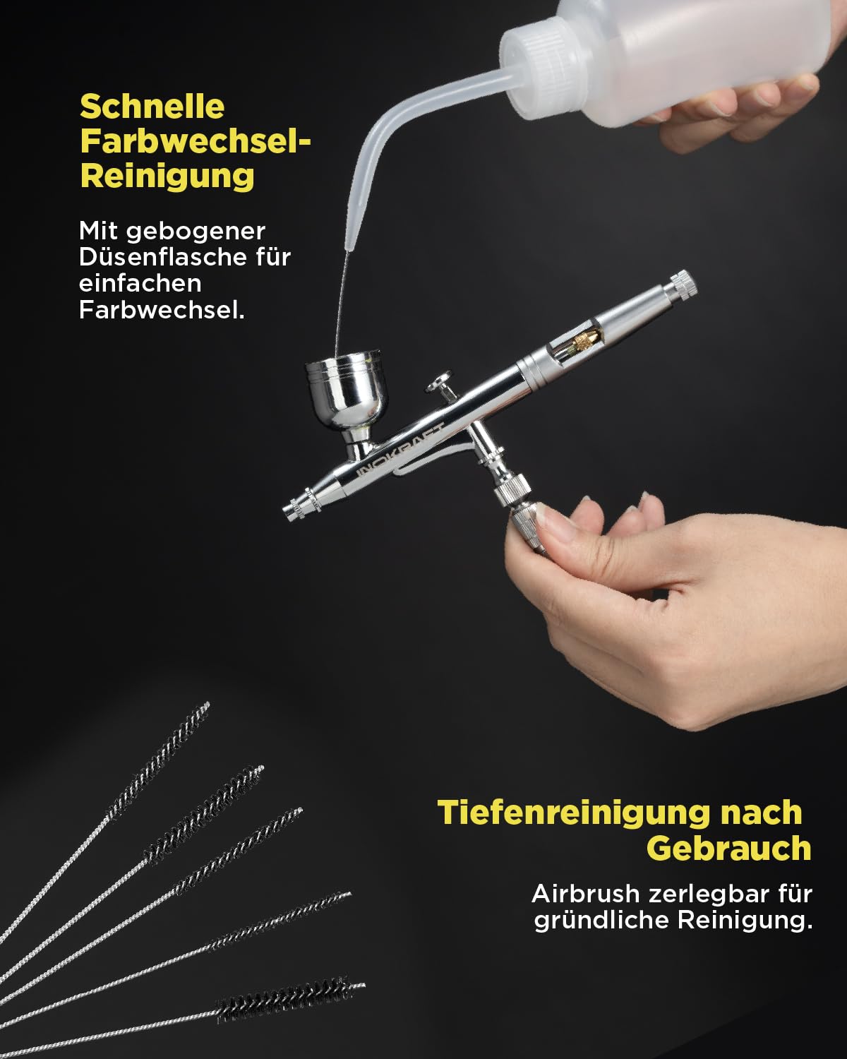 InoKraft Airbrush-Set mit Kompressor 1/6 HP leiser Luftkompressor, 3 Düsen 0,2 0,3 0,5 mm, Airbrushpistole, Schlauch, Halter, Anleitung, 4 Farben