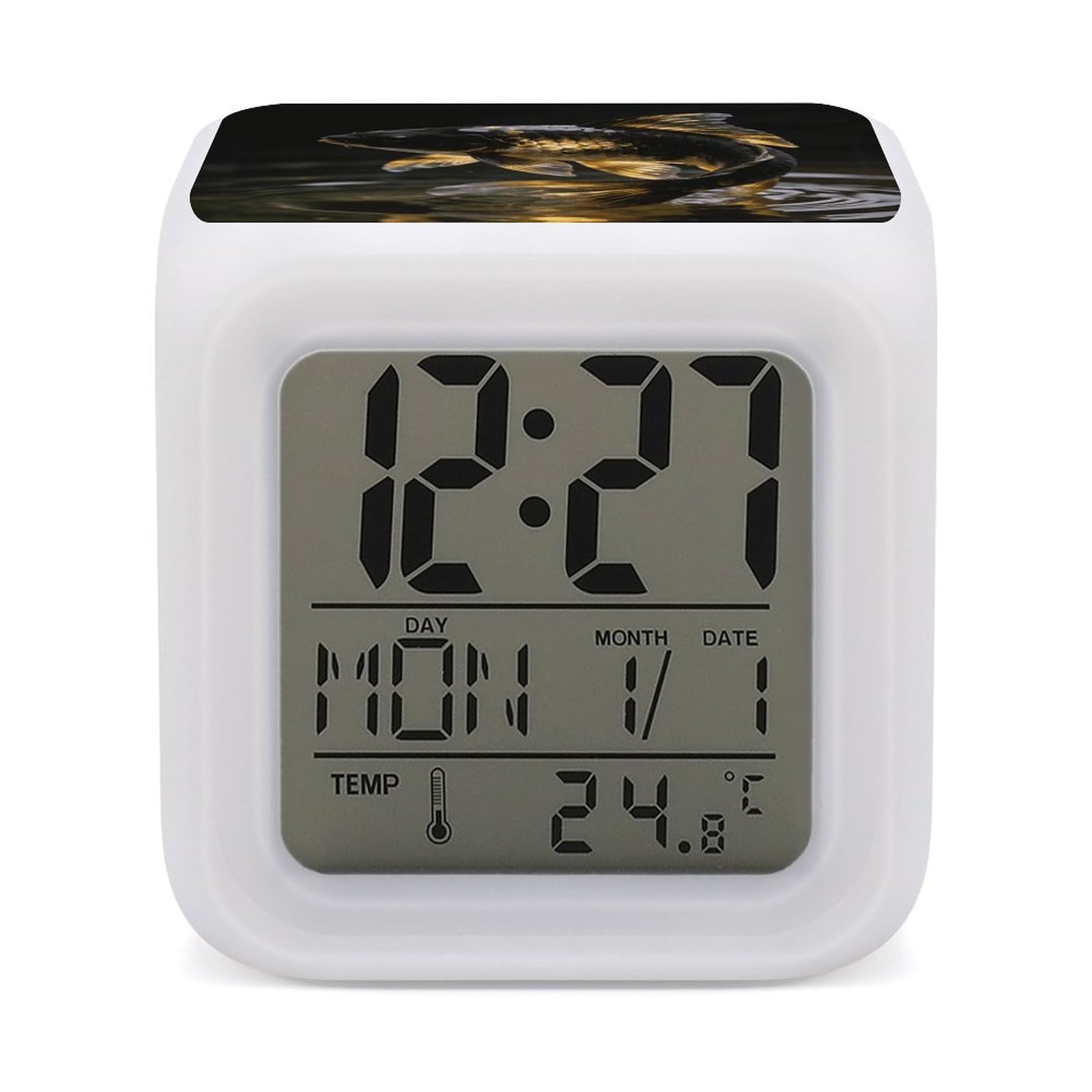LZQPOEAS Black Gold Koi Alarm Clock with 7 Color Changing Nightlight for Bedroom Calendar Temperature Display Wake Up Digital Clock Small Desk Clocks for Heavy Sleepers Adults