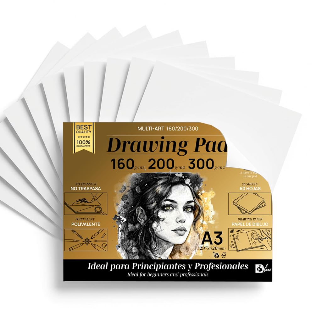 SIDI - Bloc de Dessin A3 Professionnel 160g/m², 200g/m² et 300g/m², Papier Sketchbook, Papier Épais Sans Transfert, Pour Crayon, Feutres et Croquis, 3 Types de Épaisseur (MULTI-ART, 50 feuilles)