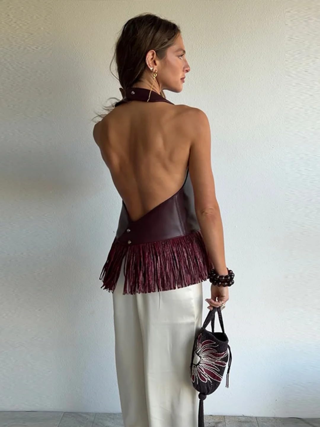 Women's Spring and Summer Solid Color Round Neck Tassel Fake Leather Backless Halter Neck Sleeveless Slim fit Chic top