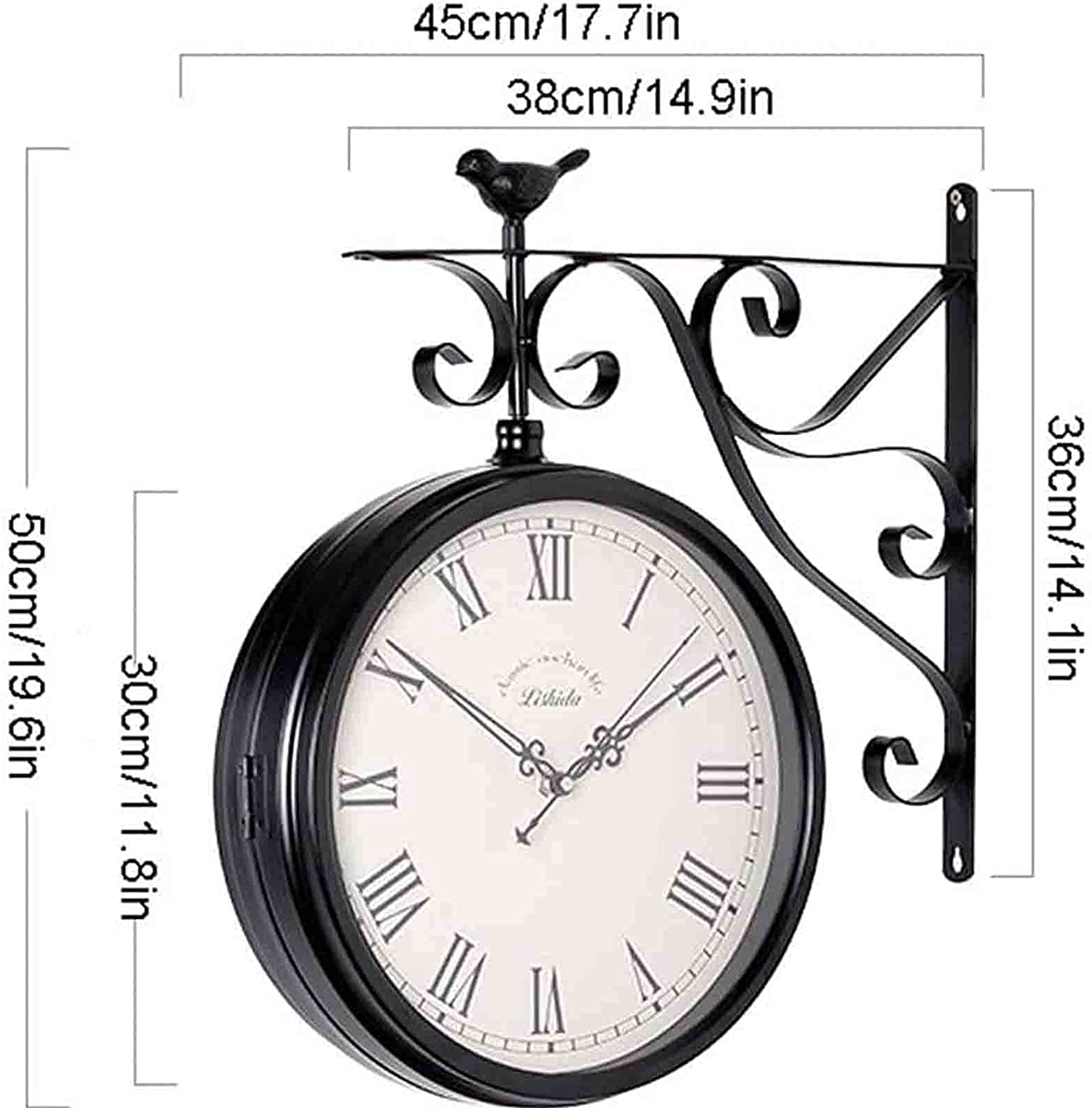 XJBTBA Reloj de Pared Reloj de Pared de Doble Cara de 12 Pulgadas, Hierro Forjado, Metal, silencioso, fácil de Leer, Reloj de estación de Dos Caras para jardín, decoración del hogar, Interior,