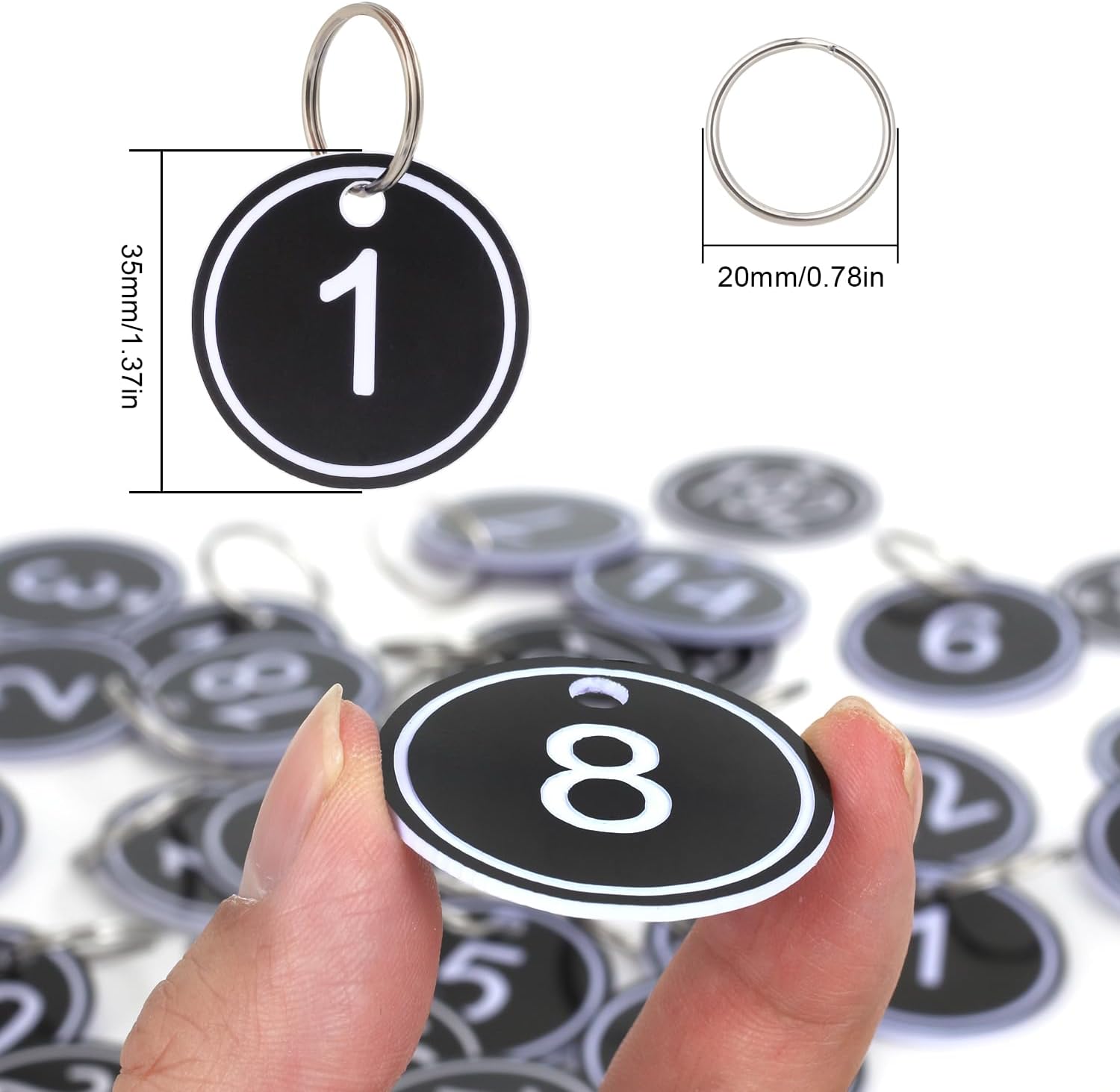 ABS Key Tags with Rings - 35mm Round Engraved Number ID Tags Key Chain for Keys, Bags, Luggage - Black 1 to 200