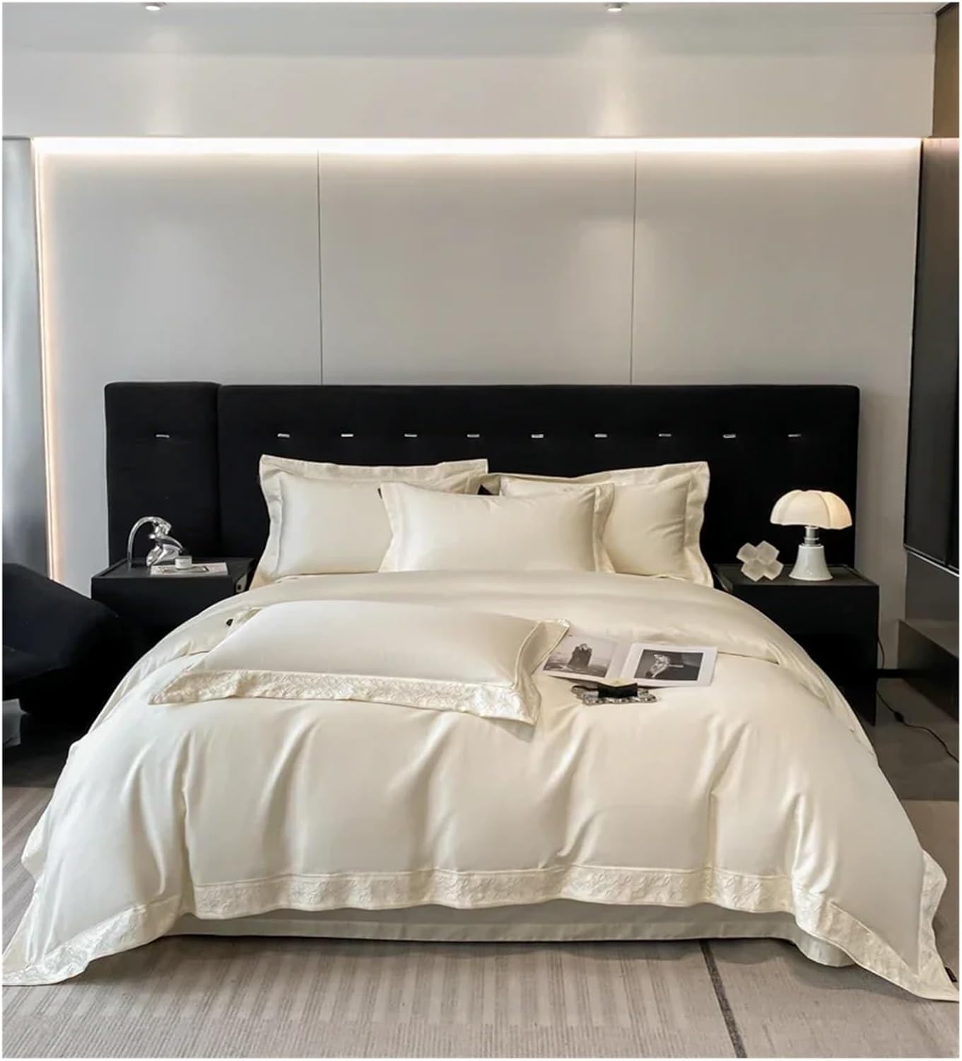 Egyptian Cotton Luxury Embroidery Style Bedding Set Simple Solid Color Duvet Cover Bed Sheet Pillowcase,Bed