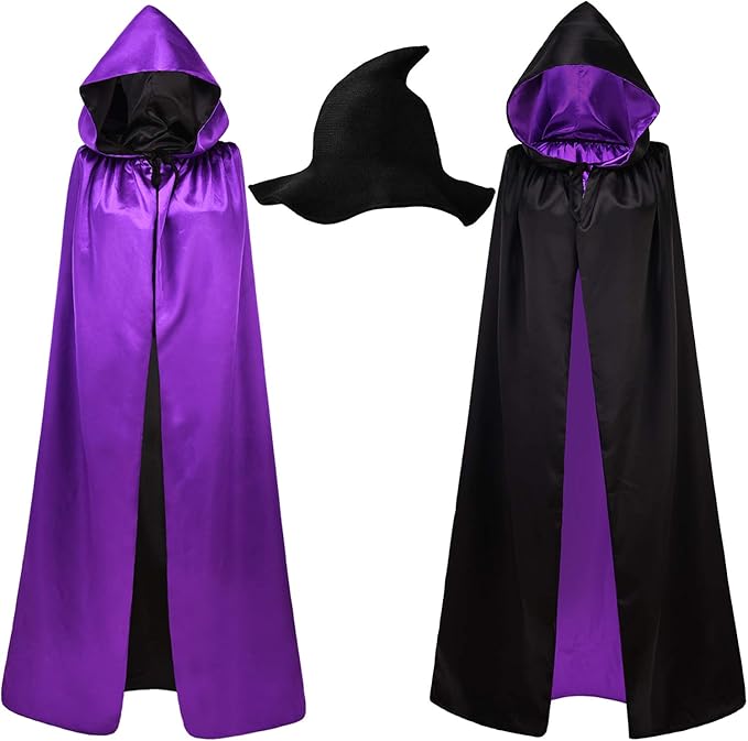 Syhood Halloween Witch Hat and Cloak Kit Wool Knitted Cap with Unisex Reversible Hooded Cape for Halloween Masquerade Cosplay Costume Accessory