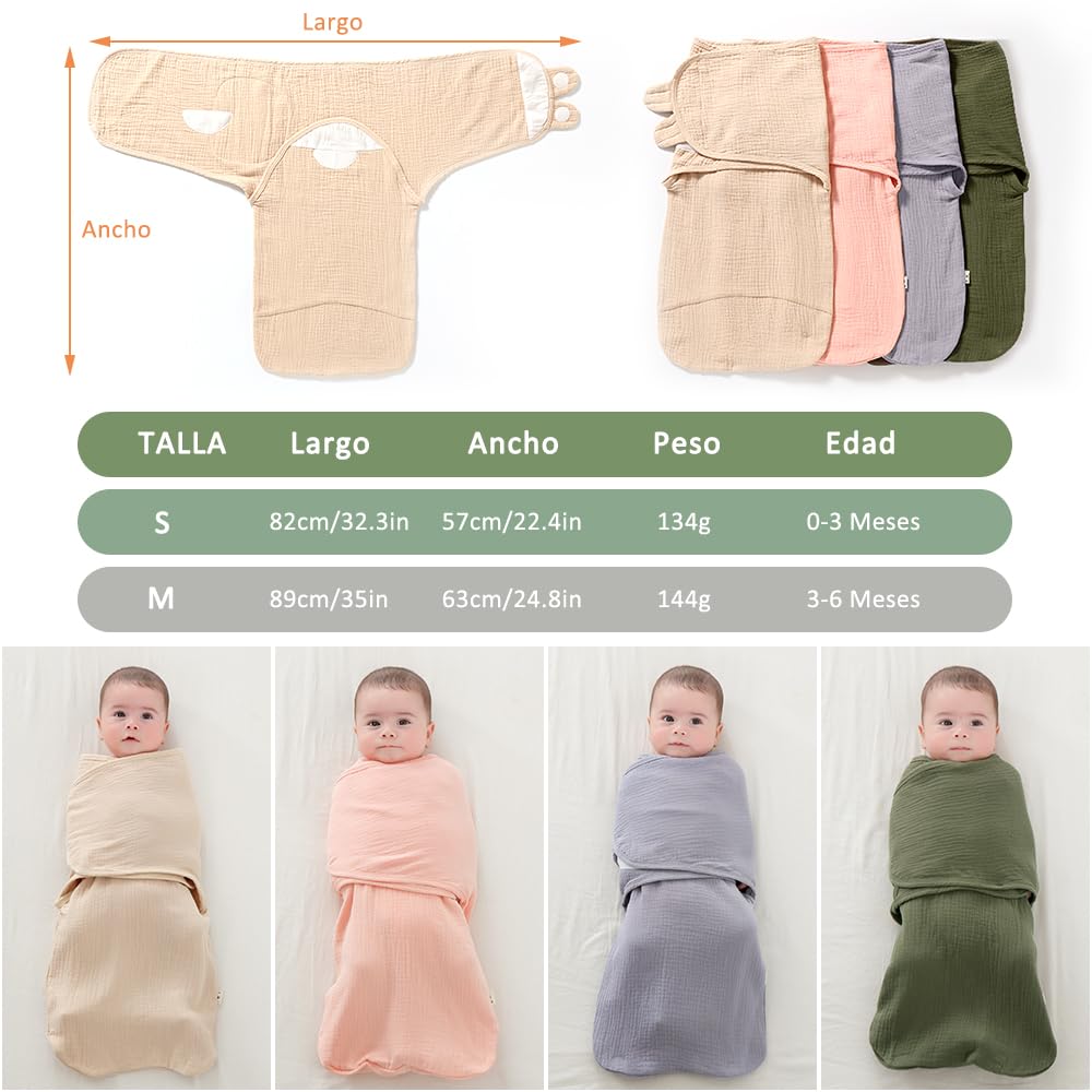 Bebé Mantas Envolventes, Bebé Swaddle Wrap Manta para 0-3/3-6 Meses Bebé, 3 in 1 Saco Dormir Bebe Orgánico Algodón, Mantas Envolventes Ajustable Ensanchar Velcro para Bebé (Caqui, 3-6 Meses)