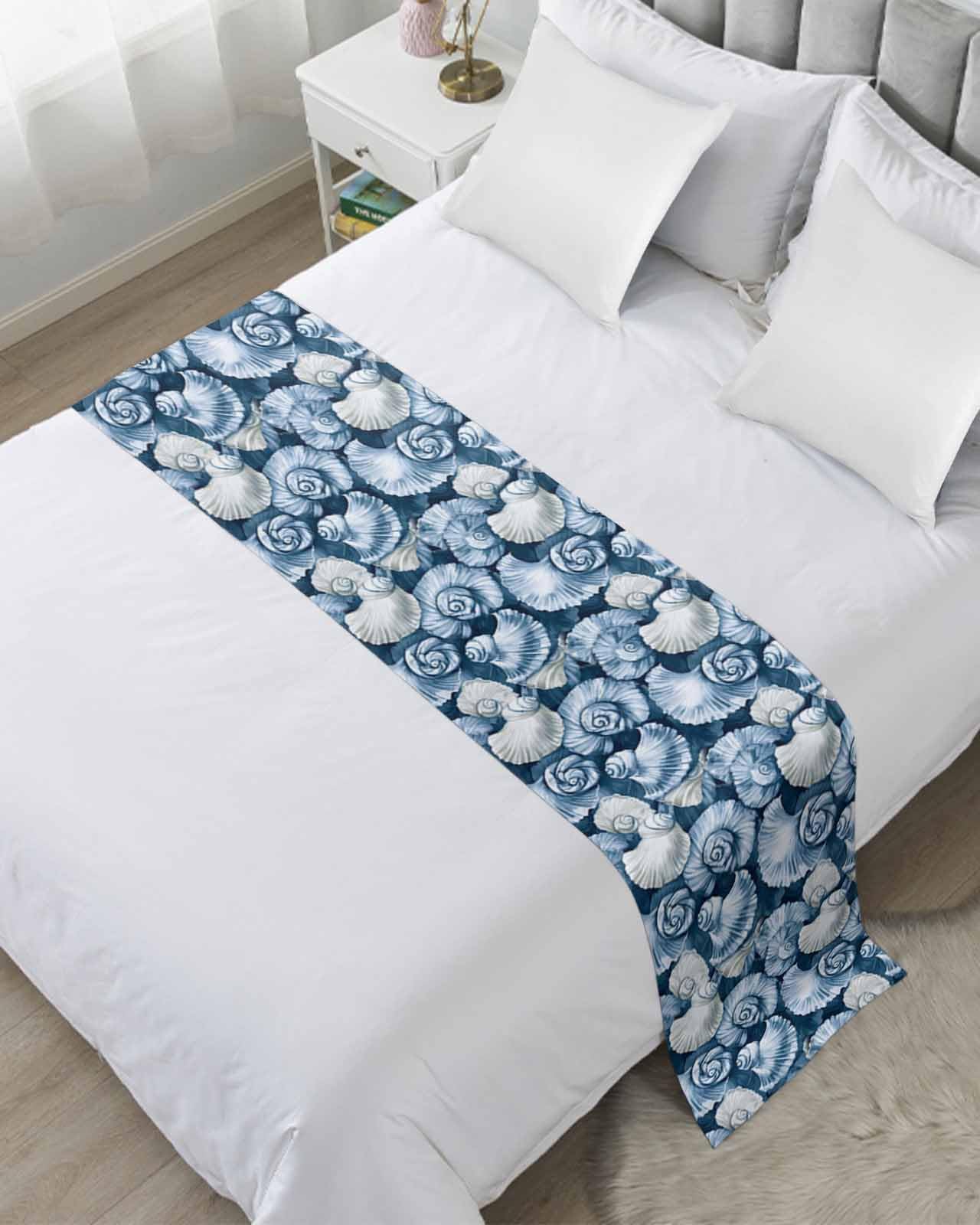 Yukro Bed Runner Scarf, Tropical Marine Life Watercolor Blue Nautilus King Bed Scarf Runner, No Fading Decorative Bedding Scarf for Bedroom Hotels Homes and Guestrooms