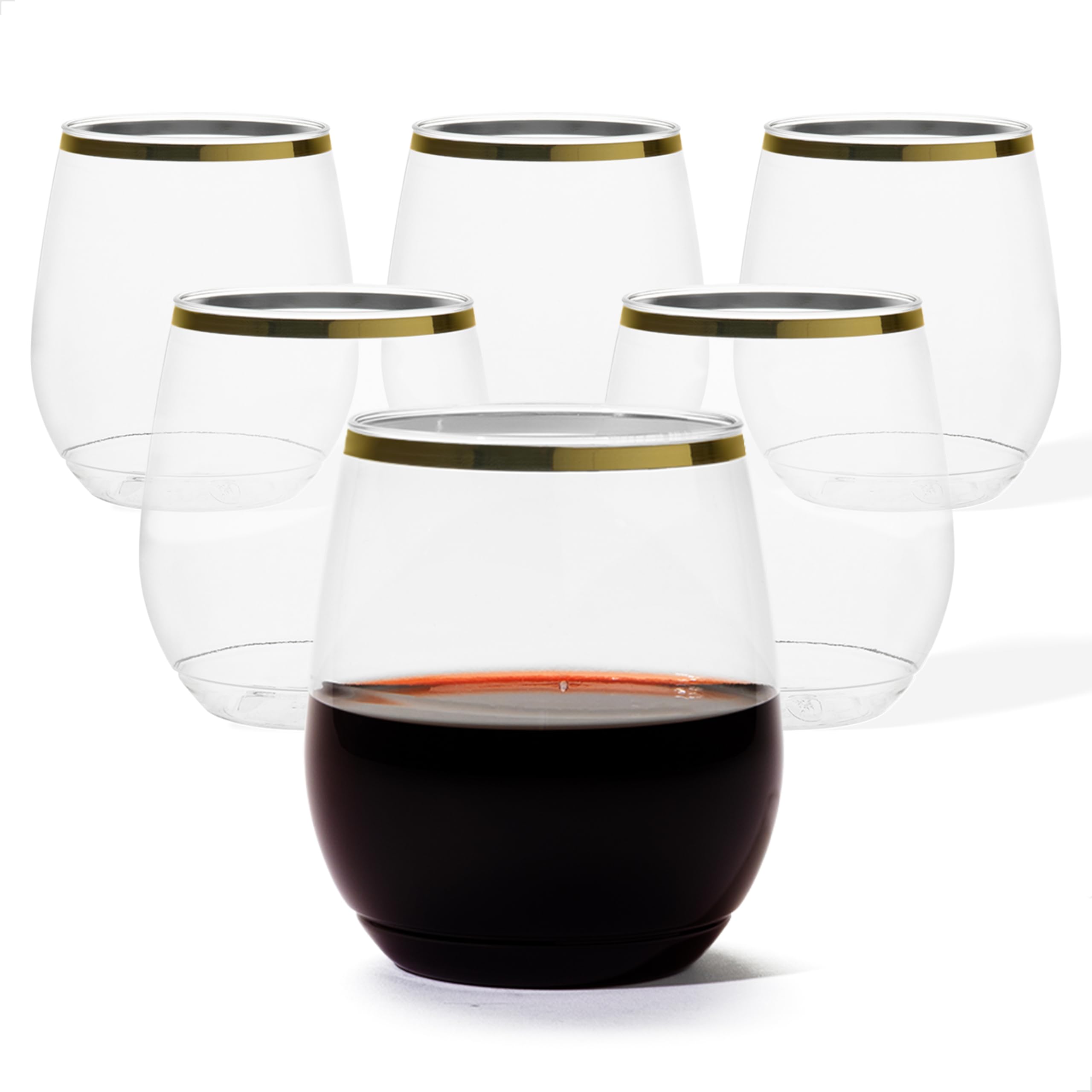 TOSSWARE POP 14oz Stemless Gold Rim Wine Glass Set of 48, Premium Quality, Recyclable, Unbreakable & Crystal Clear Plastic Wine Glasses