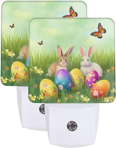 Juego de 2 luces nocturnas de conejo de Pascua, con sensor automático de huevos coloridos, luces nocturnas LED del atardecer al amanecer, lámpara
