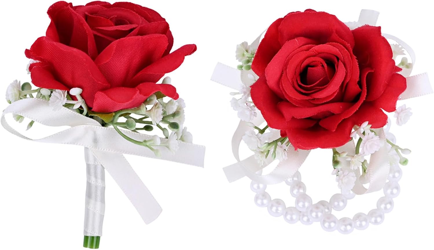 MAFELOE 2 Pieces Party Prom Homecoming Artificial Rose Wrist Corsage and Boutonniere Set, Groom Groomsmen Bride Bridesmaids Wedding Simulation Flowers Accessories Suit Decorations - Red