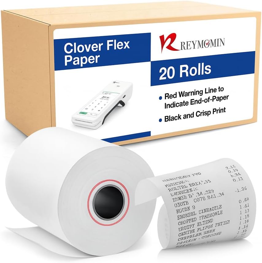 Clover Flex Paper Rolls - 20 Rolls - 2 1/4'’ x 50’- 48 GSM - Clover Flex Receipt Paper Compatible for C401, C403, C405 and C406 POS Machines - BPA Free Material