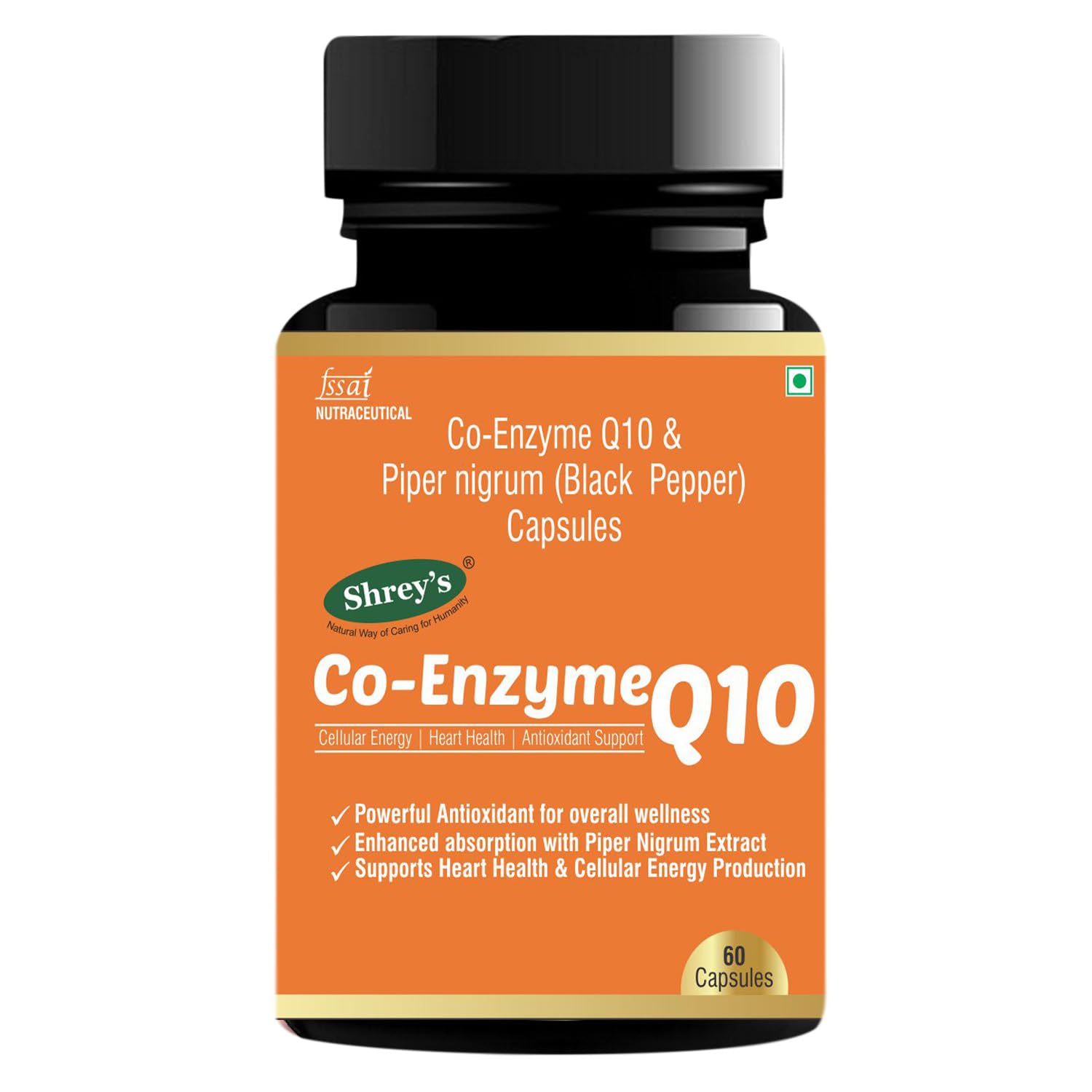 Shrey's Coenzyme Q10 (CoQ10) 200mg with Piperine 5mg – 60 Veg Capsules | Supports Heart, Energy, Mitochondrial Health & Antioxidant Protection | High Absorption Formula