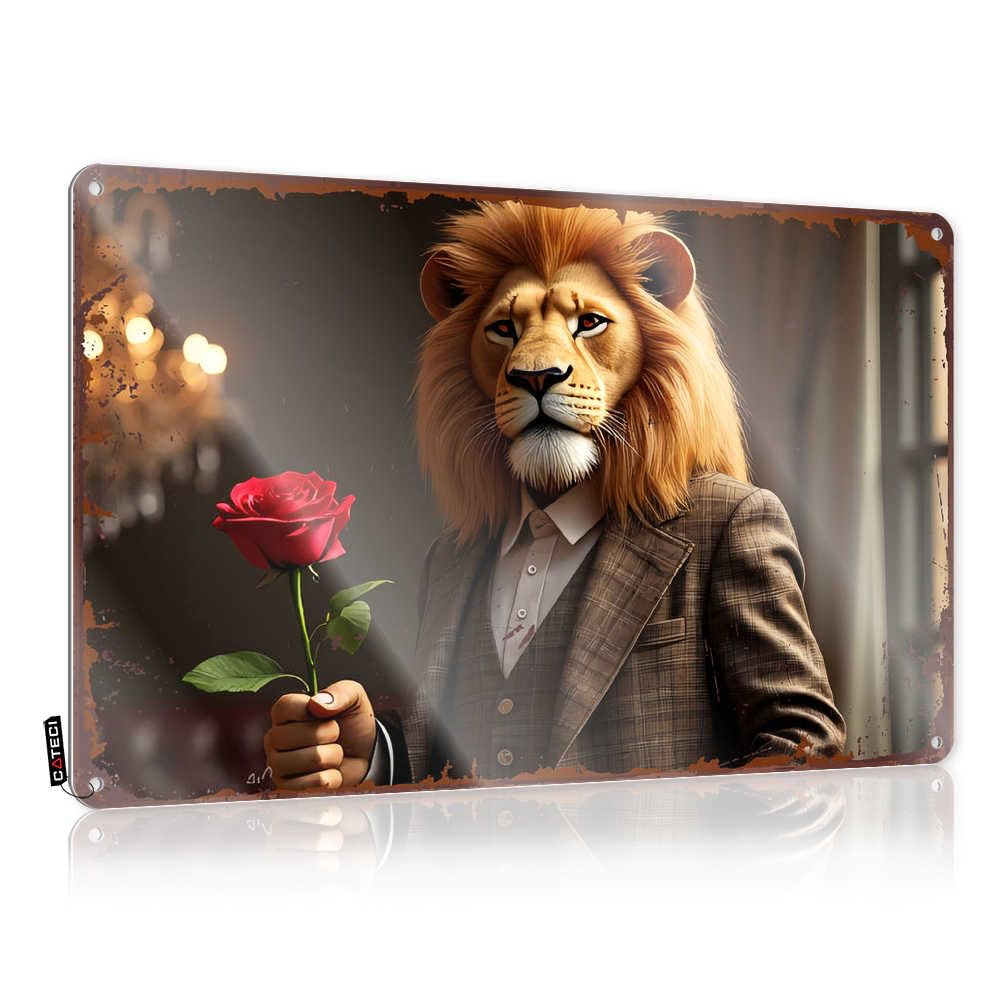 Fzfn Men's Colour Regal Lion In Suit Holding A Red Rose Bedroom Decor Country Bar Hanging | Round Sign Ideas Vintage Metal Wall Decor(30X40cm)