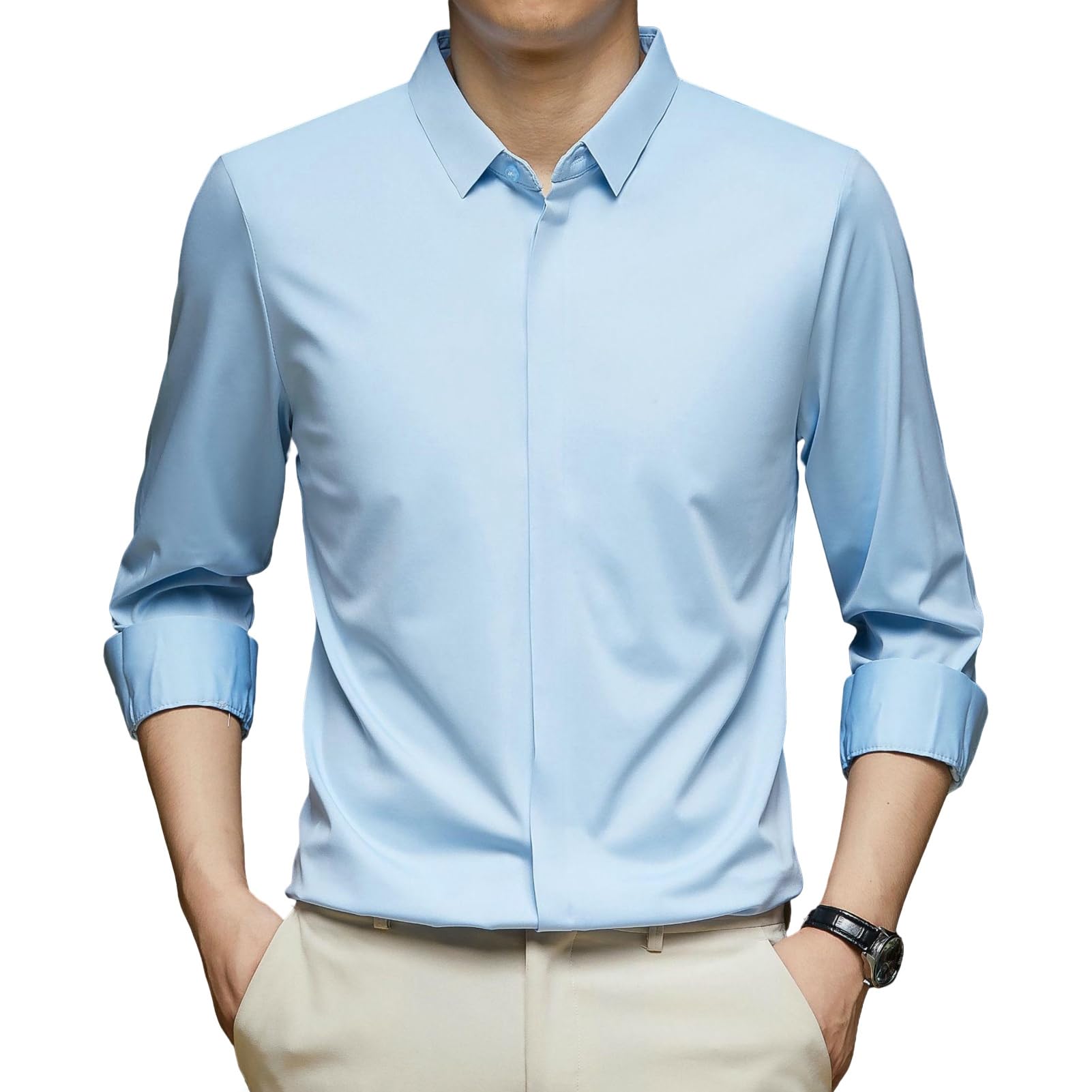 Camisa de manga larga para hombre, para primavera, otoño, color liso, con solapa, seda, sin costuras, informal, elástica, para hombre