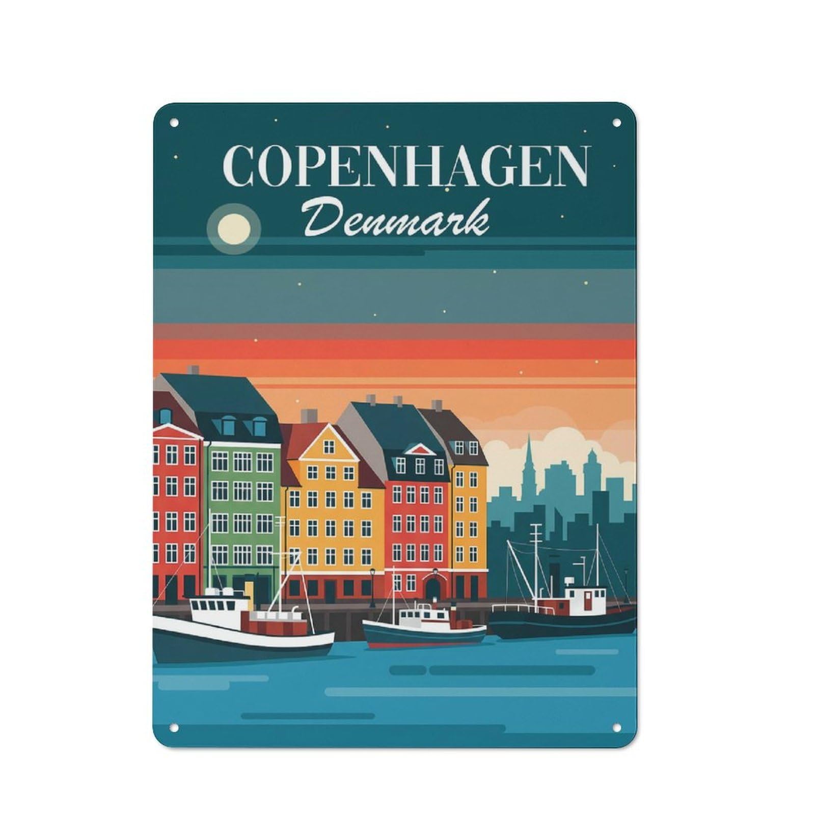 Junmoney Style-5 Copenhagen Denmark Skyline Rustic Metal Wall Sign 40X30cm For Bar Or Restaurant, A Decorative Metal Sign For Bars And Restaurants