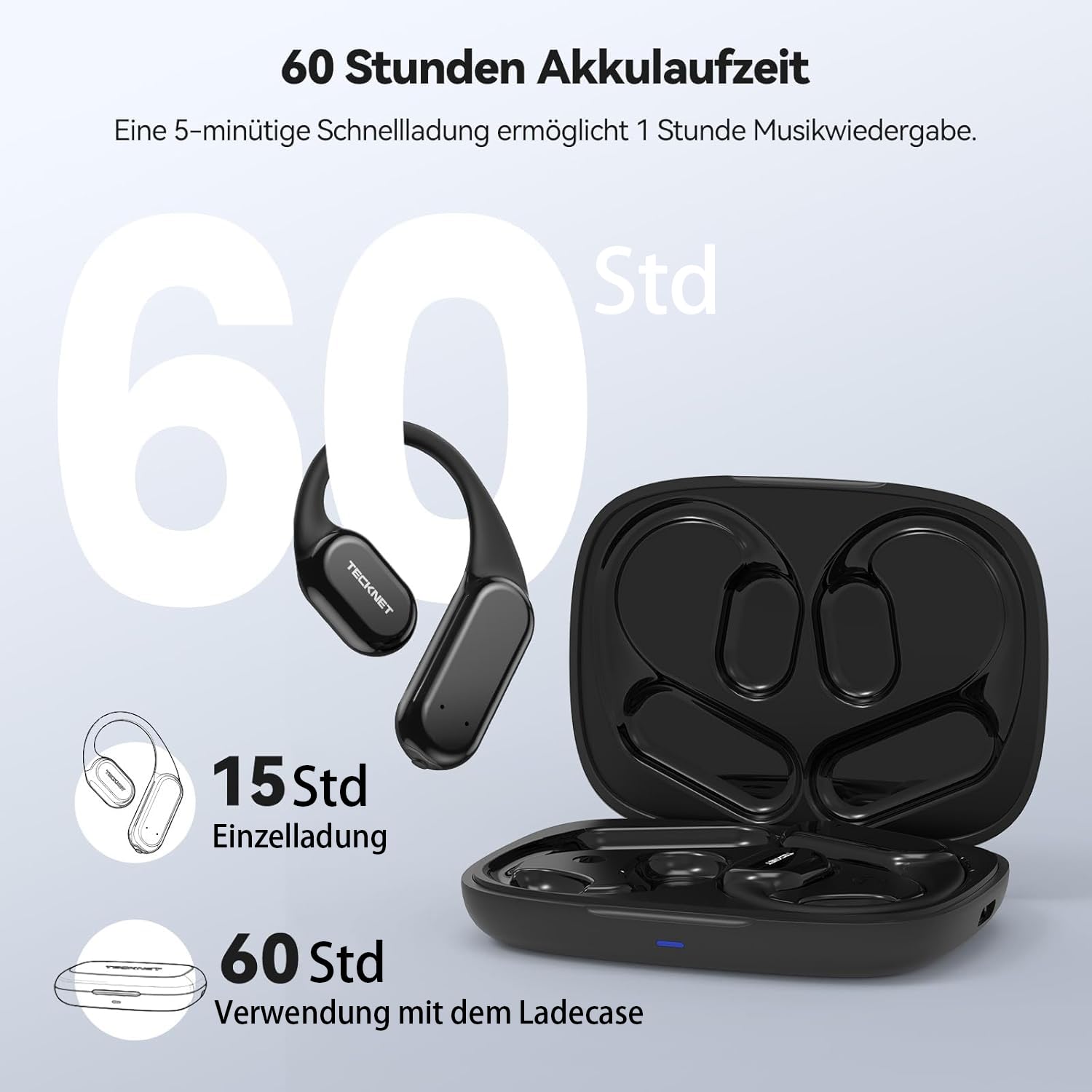 TECKNET Open-Ear Kopfhörer, Bluetooth Knochenschall Kopfhörer Kabellos, 60 Stunden Spielzeit und Schnellladung, IP68 Wasserdicht, Leicht Sport Kopfhörer Kabellose Mit Tragekoffer