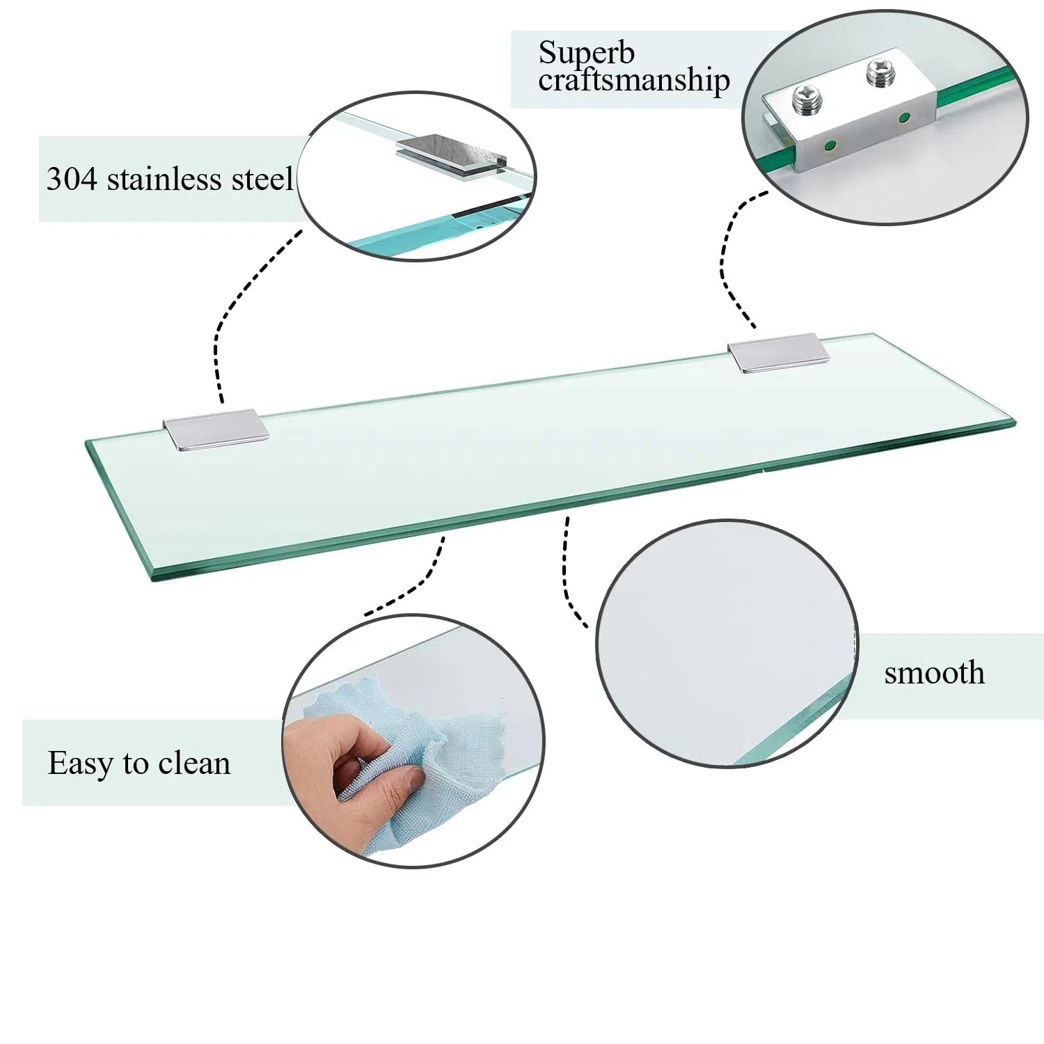 Melairy Glass Bathroom Shelf Wall Mounted 35CM Tempered Glass Stainless Steel Tempered Transparent Glass with Chrome Bracket for Bathroom Bedroom Kitchen (2PC) - Image 4