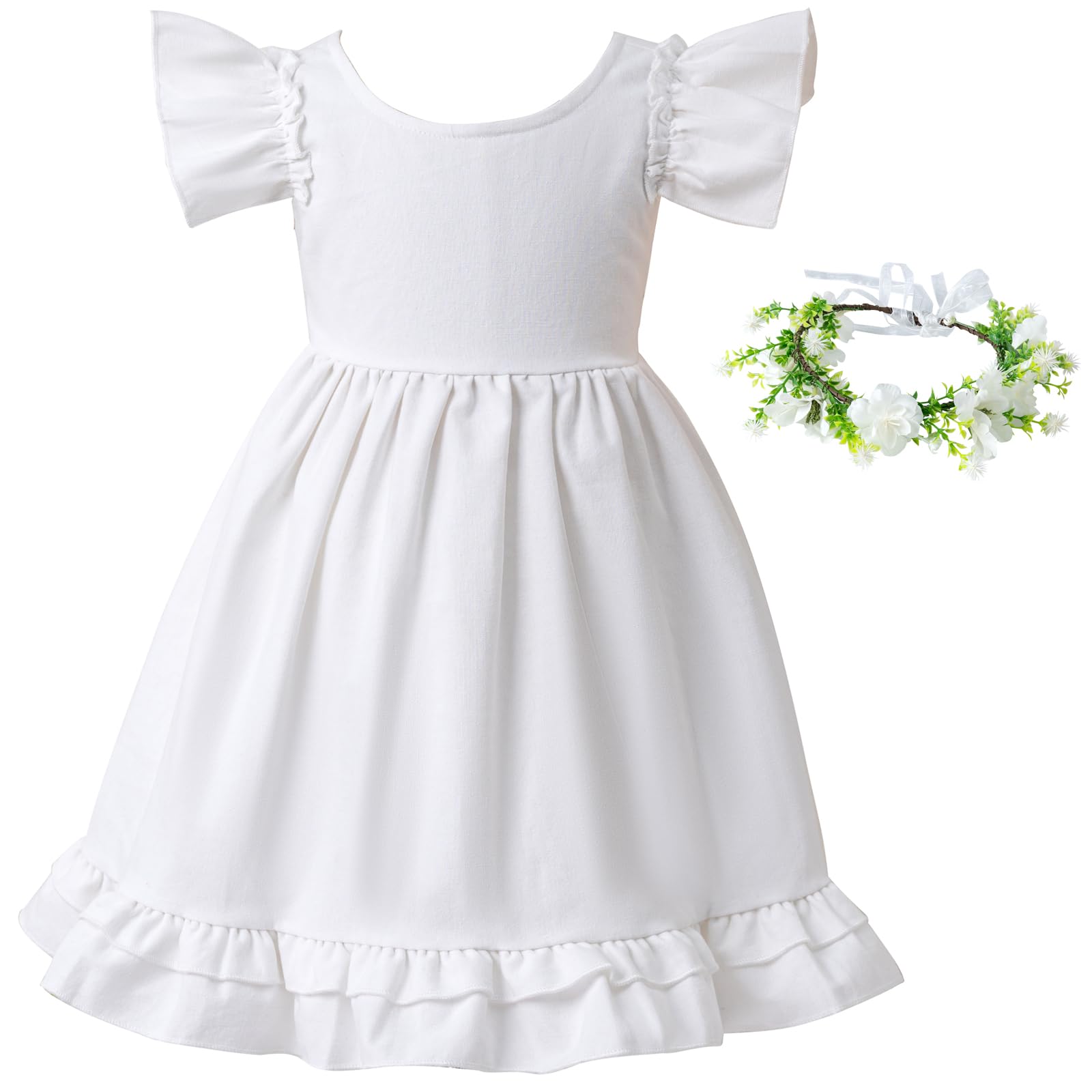 BOTYOS Girls White Flower Dress Birthday Vacations Beach Boho Dresses for Toddler Summer Outfits Matched Flower Crown