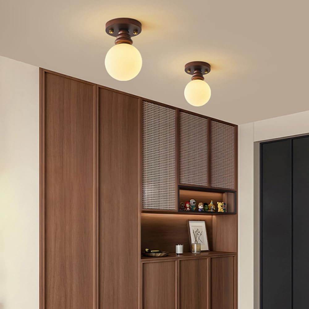 Rustykalna lampa sufitowa z półpłaskim kloszem, szklany klosz do lampy wiszącej, oświetlenie rustykalne, drewniany żyrandol sufitowy do przedpokoju, przedpokoju, kuchni i szafy