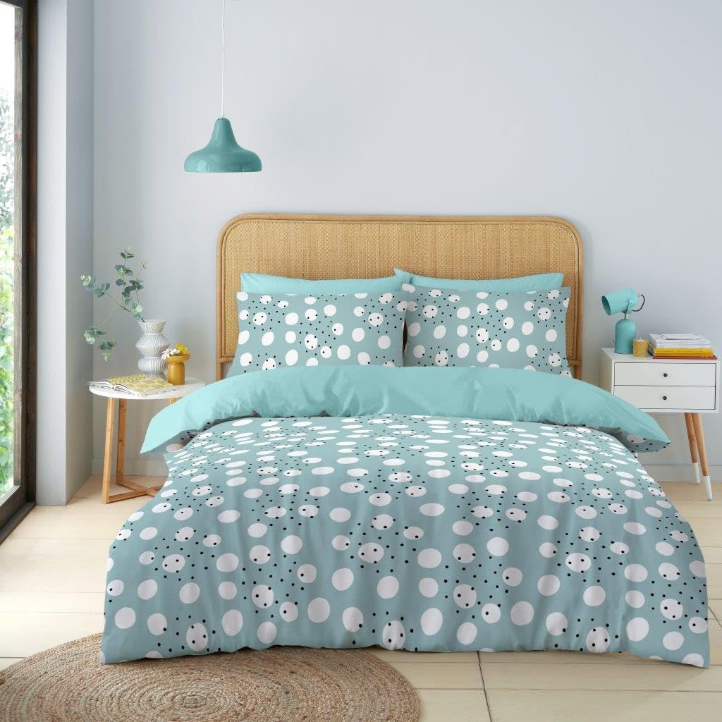 Microfibre Reversible Duvet Cover Set with Pillowcases - Breathable & Hypoallergenic Quilt Cover Set - Floral Leaves Botanical Geometric Check Bedding Sets (Polka Dots, Double)