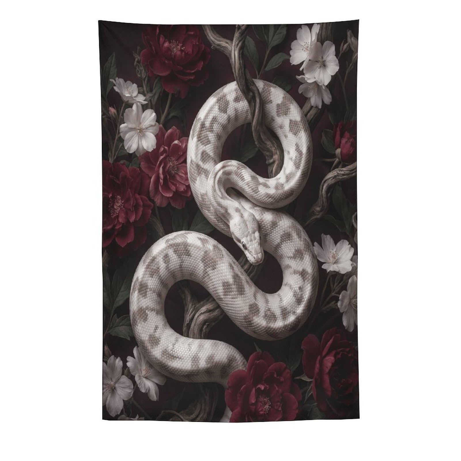 H3B8U2Y5 White Snake Red Roses Wall Tapestry, Realistic Illustration Style