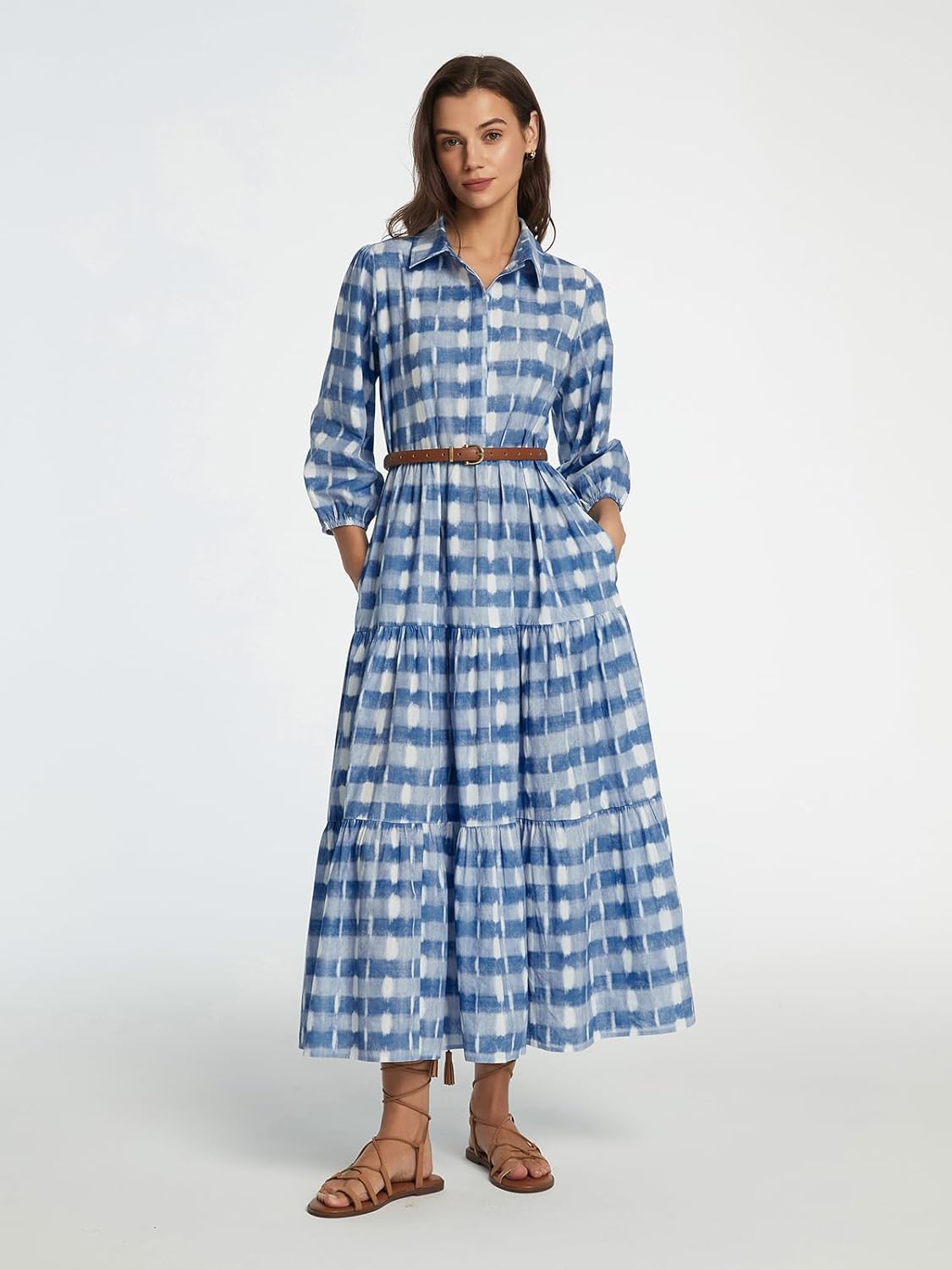 D-Sun Women Long Sleeve Maxi Dress V Neck Button Down Flowy Tiered Ruffle Shirt Dress Casual Fall Long Dresses - Image 6