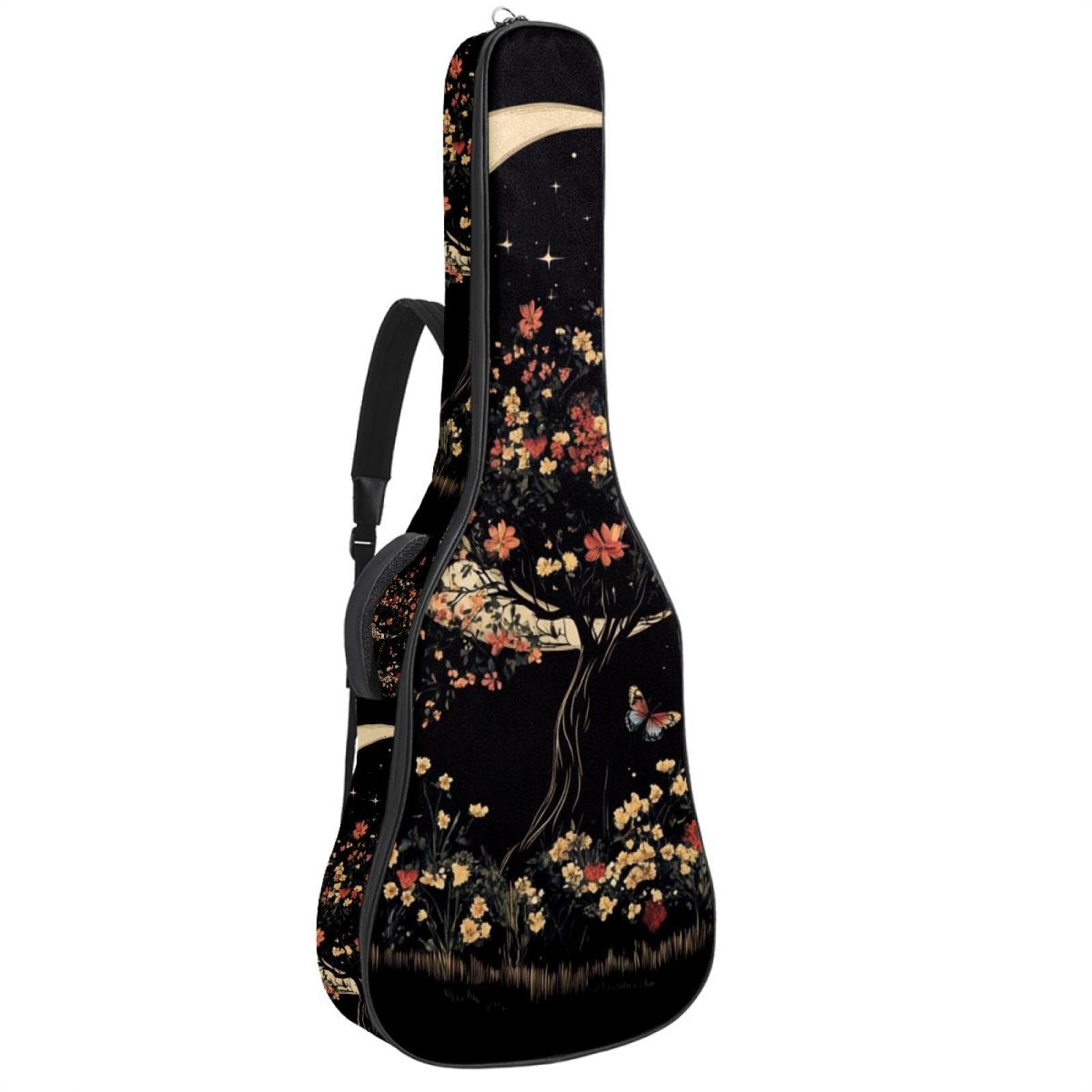Retro Tree under a Crescent Moon with Flowers and Butterflies Acoustic Guitar Gig Bag, 1 cm Thick Padding Waterproof Guitar Case Backpack with Dual Adjustable Shoulder Strap for 40-42 Inch Guitar