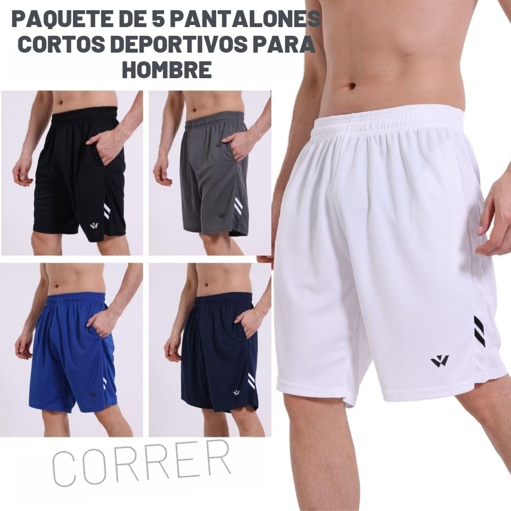Pantalones cortos deportivos para hombre paquete de 5 con bolsillos cintura elástica secado rápido entrenamiento correr