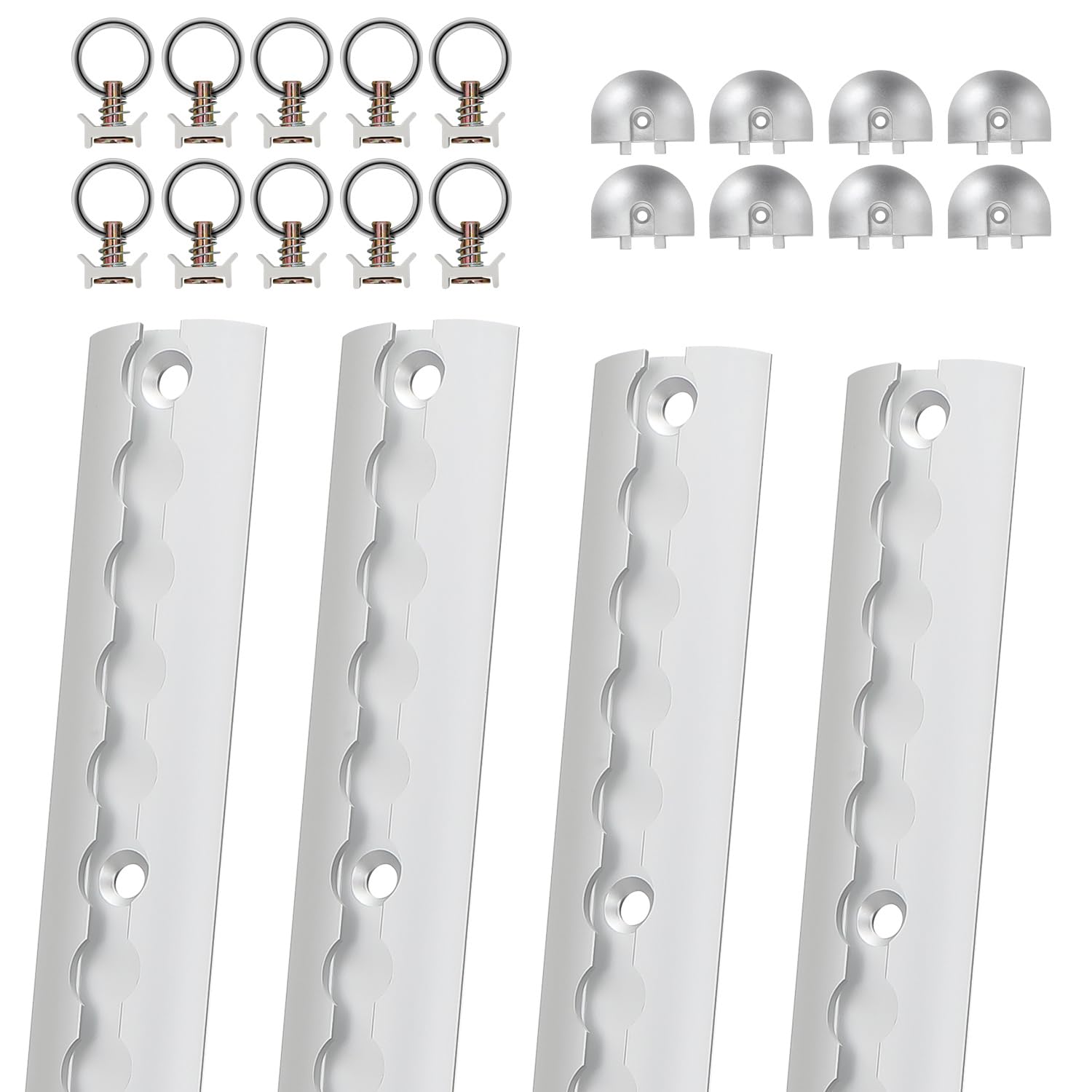 Set di 4 guide da 1 m, in alluminio anodizzato semicircolare con 10 raccordi singoli e 8 tappi terminali, guide preforate per il fissaggio del carico per rimorchi, auto, camion, camper