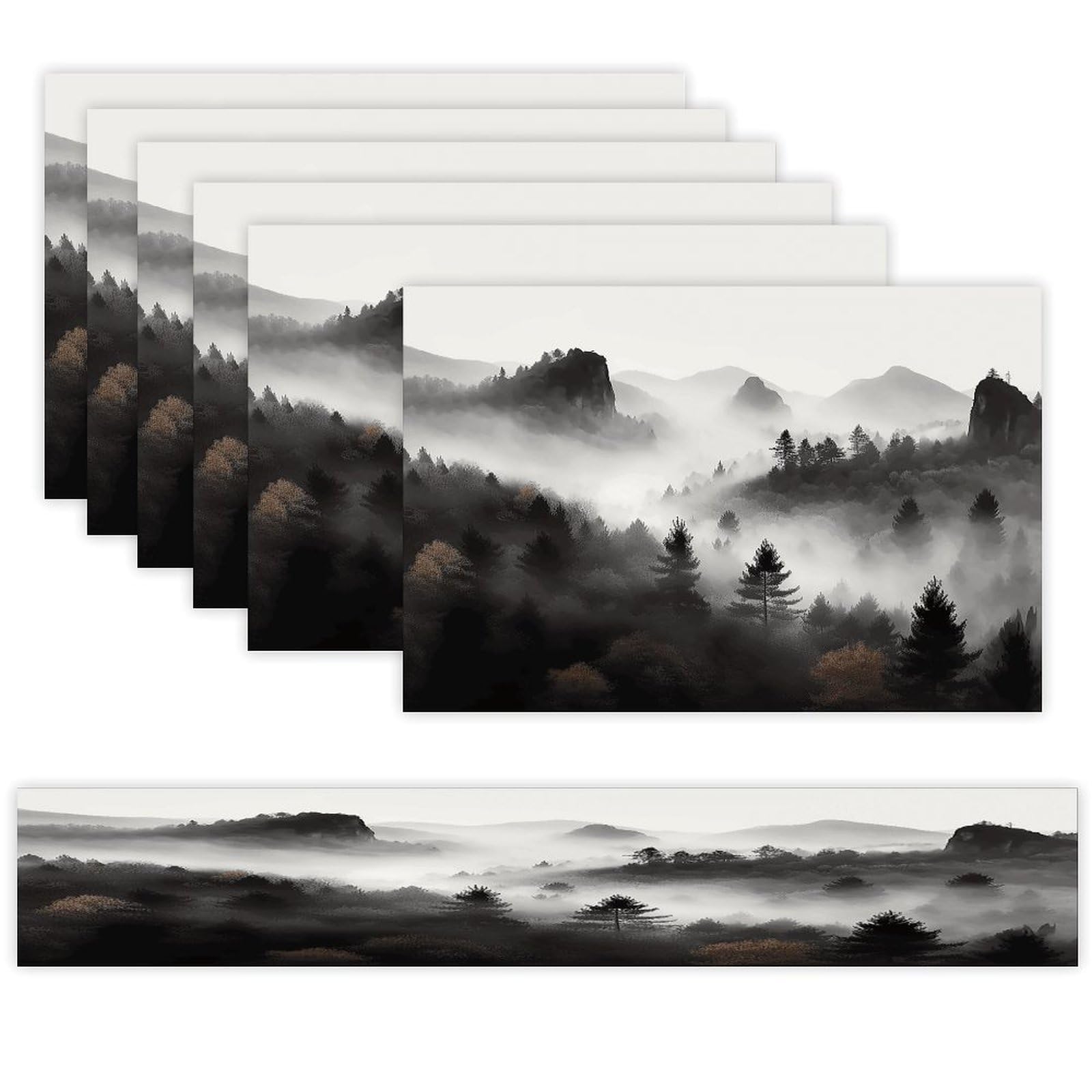 Foggy Mountains Forest Table Runner and Placemats Set of 6 Heat Resistant Washable Linen Place Mats Farmhouse Long Table Runner Xmas Kitchen Table Mats Art Dining Table Decor for Daily Use