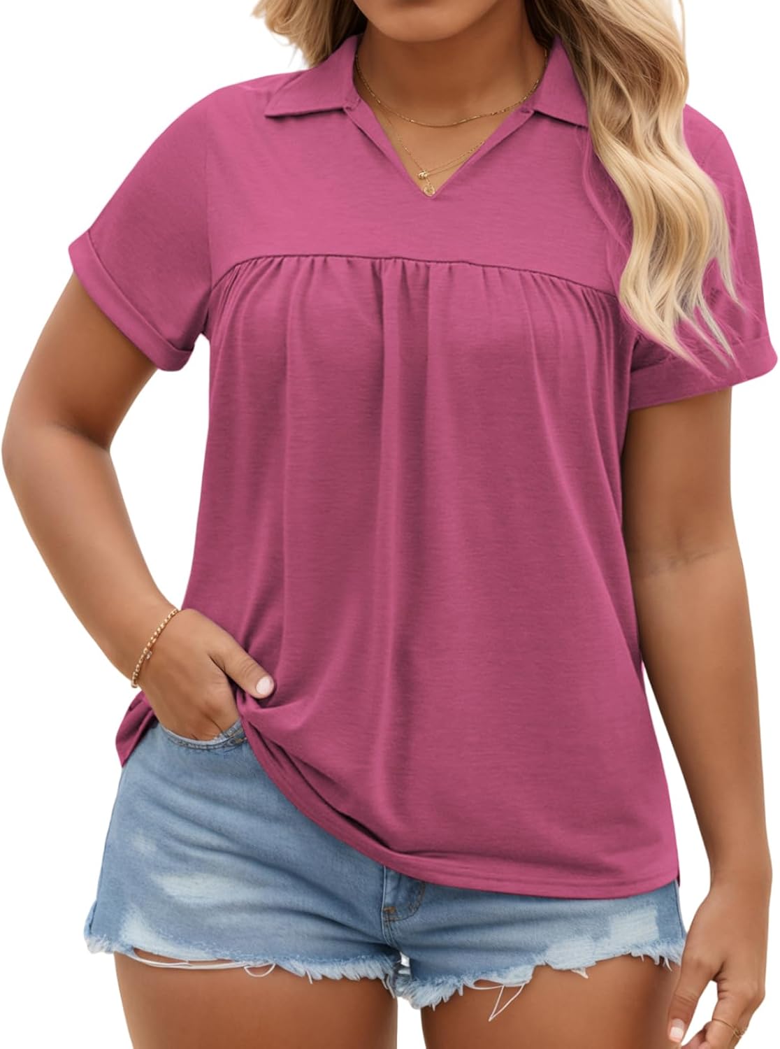 VISLILY Womens-Plus-Size-Summer-Tops Collared V Neck Polo Shirts Flowy Pleated Tunics Trendy Roll Short Sleeve Blouses