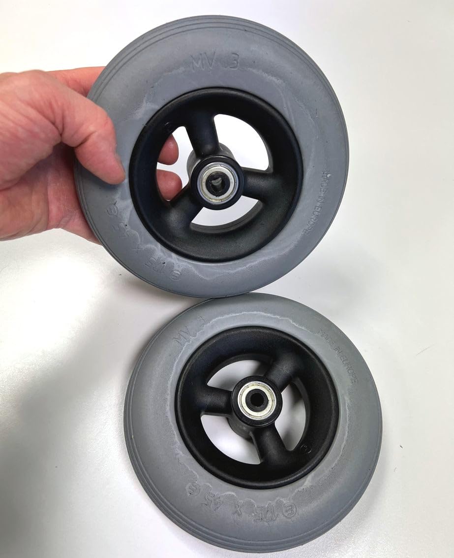 2 Stück Rollstuhlreifen pannensicher 7 x 1 3/4 (175x40), grau, Rillenprofil, 100% pannengeschützt, Kompletträder Reifen mit Felge und Rollstuhl Kugellager, Bohrung 8 mm, Nabenlänge 45 mm