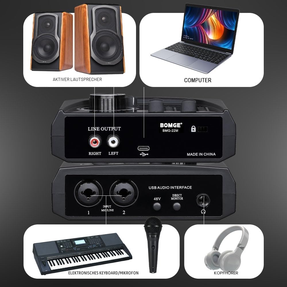 BOMGE Mini-2-Kanal-USB-Audio-Schnittstelle für Aufnahme, Streaming und Podcasting, mit XLR/48 V Phantomspeisung, Audio-Interface in Studioqualität für Gitarristen, Vokalist, Podcaster oder Produzenten