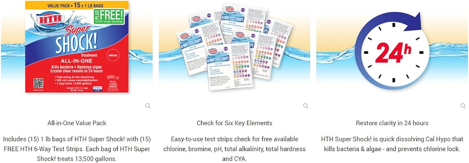 HTH 52123 Super Shock Treatment Swimming Pool Chlorine Cleaner, 1 lb (Pack of 15)