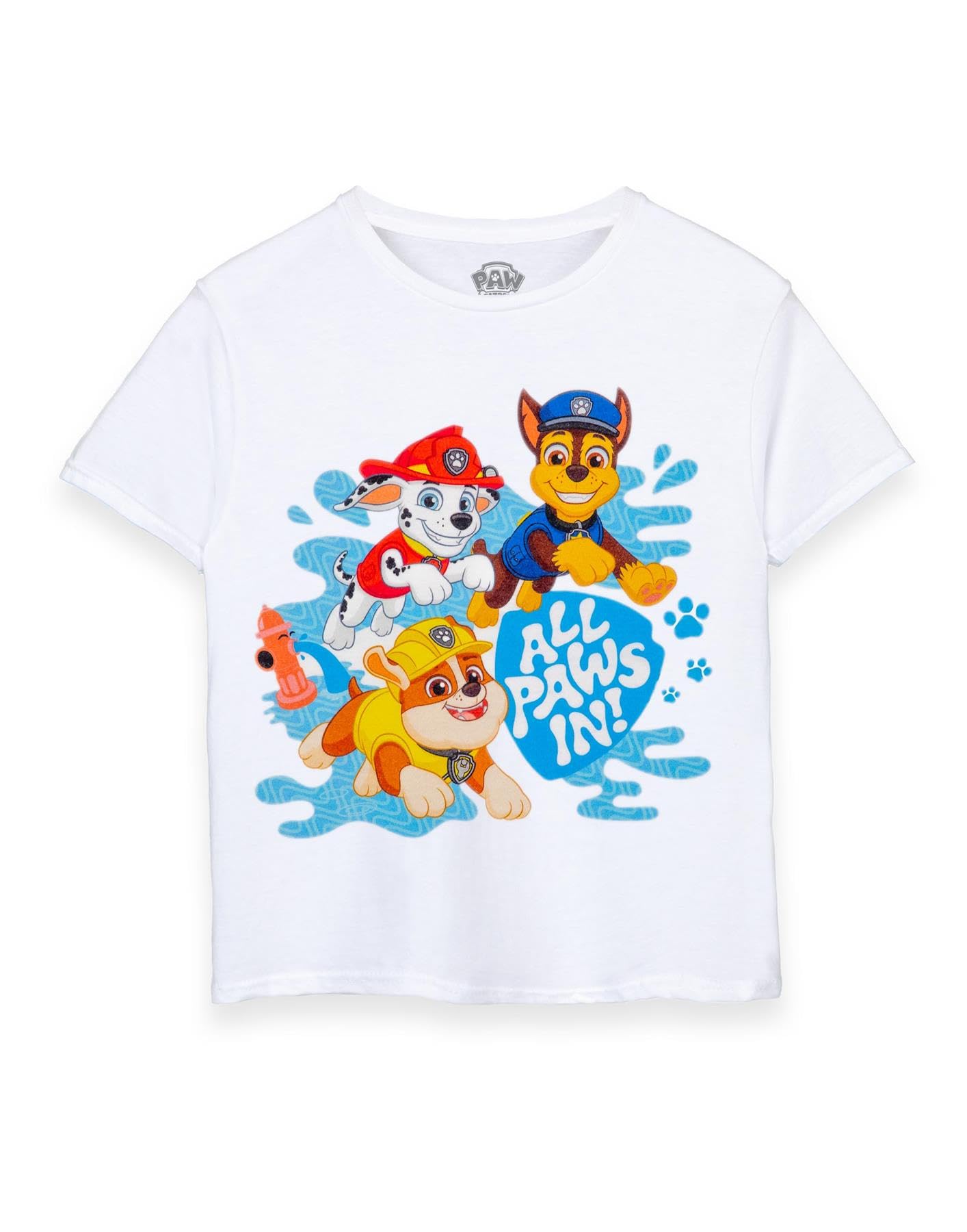Paw Patrol Boys White T-Shirt In | All Paws In! Water Adventure Short Sleeve Graphic Tee For Kids | Chase Rubble Marshall Short-Sleeved Top | Lightweight Movie Series Merchandise Gift For Children