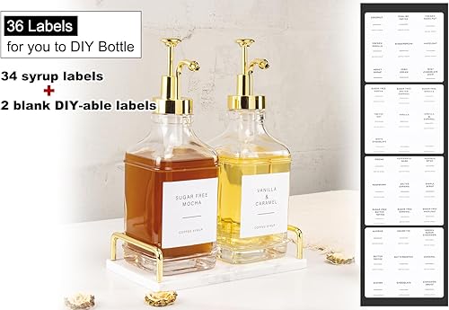 Miniatura 4 de BathAce Dispensador de jarabe de café con bandeja de mármol, botellas de jarabe de vidrio transparente con bomba, 2 dispensadores recargables de