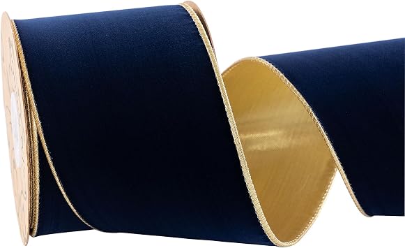 Dark Navy Blue Velvet Wired Ribbon 4 Inch Wide*10Y Navy and Gold Double Sided Velvet Thick Ribbon for Christmas Tree Wreaths Gift Wrapping Bows Gralands Home Decor Crafts Dark Navy