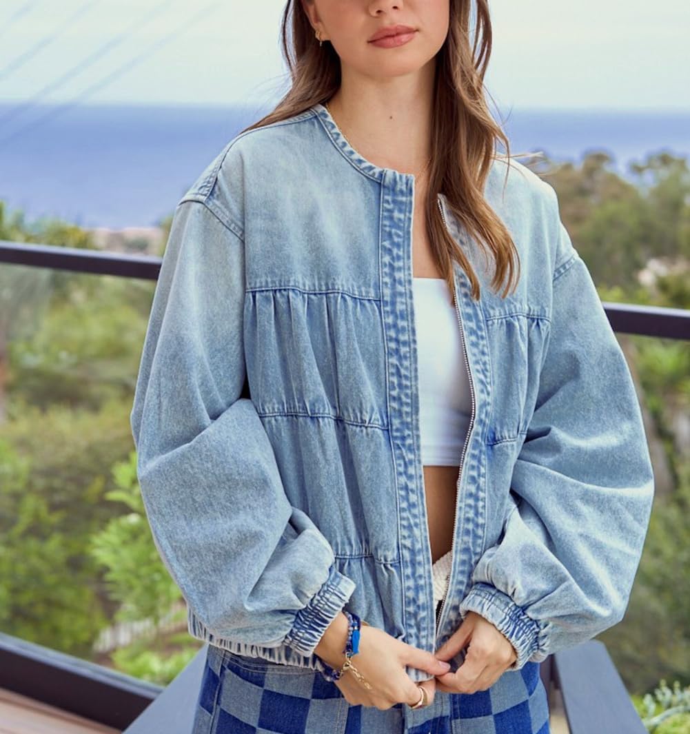 chouyatou Women Spring Fall Oversized Jean Jacket Trendy Lightweight Y2K Floral Denim Bomber Jacket Coat - Image 4