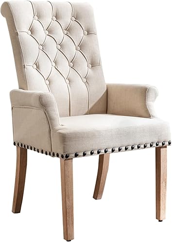 Silla de comedor tapizada copetuda con brazos, respaldo alto, ribete de cabeza de clavo de tela con patas de madera maciza, silla para cocina, sala