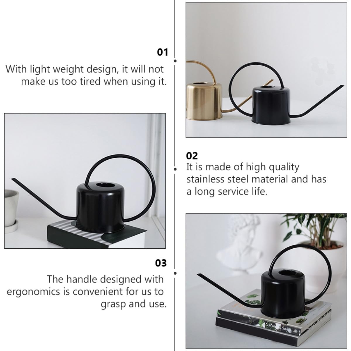 Schwarz Gießkanne 1, 3 L mit Langem Ausguss Edelstahl für Pflanzen | Leichte Form, Ergonomischer Griff, Glatte Oberfläche, für Innenpflanzen und Garten, Elegant Gestaltet