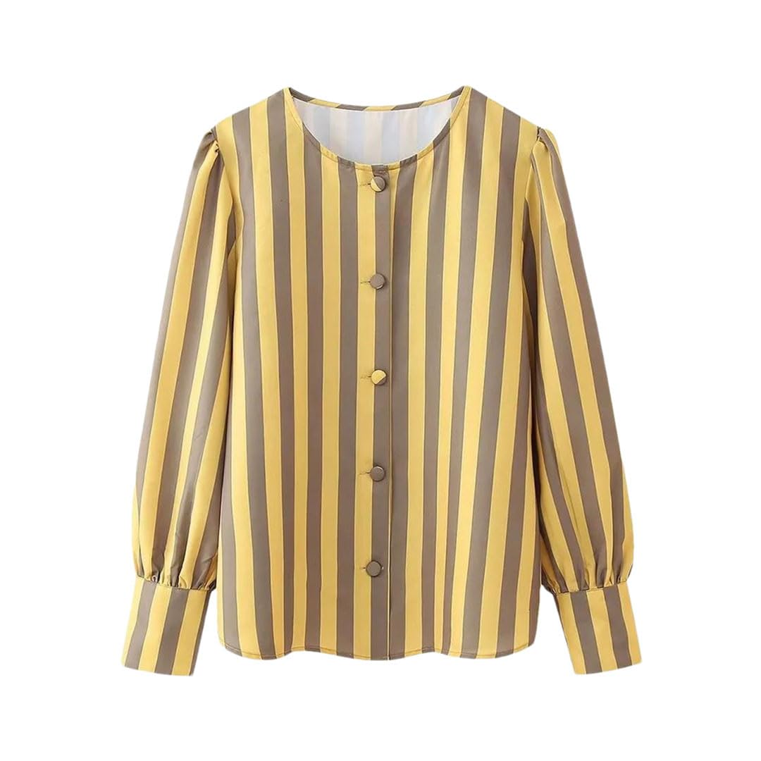 Primavera Donne Sciolto Girocollo Manica Lunga Monopetto A Righe Camicia