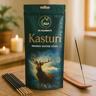 Hashcart Agarbatti Deer Musk Kasturi Incense Sticks, 110g Pack with 65-70 Sticks, Natural Musky Fragrance, 45-50 Mins Burn Time with 1 Assorted Color Incense Stick Holder