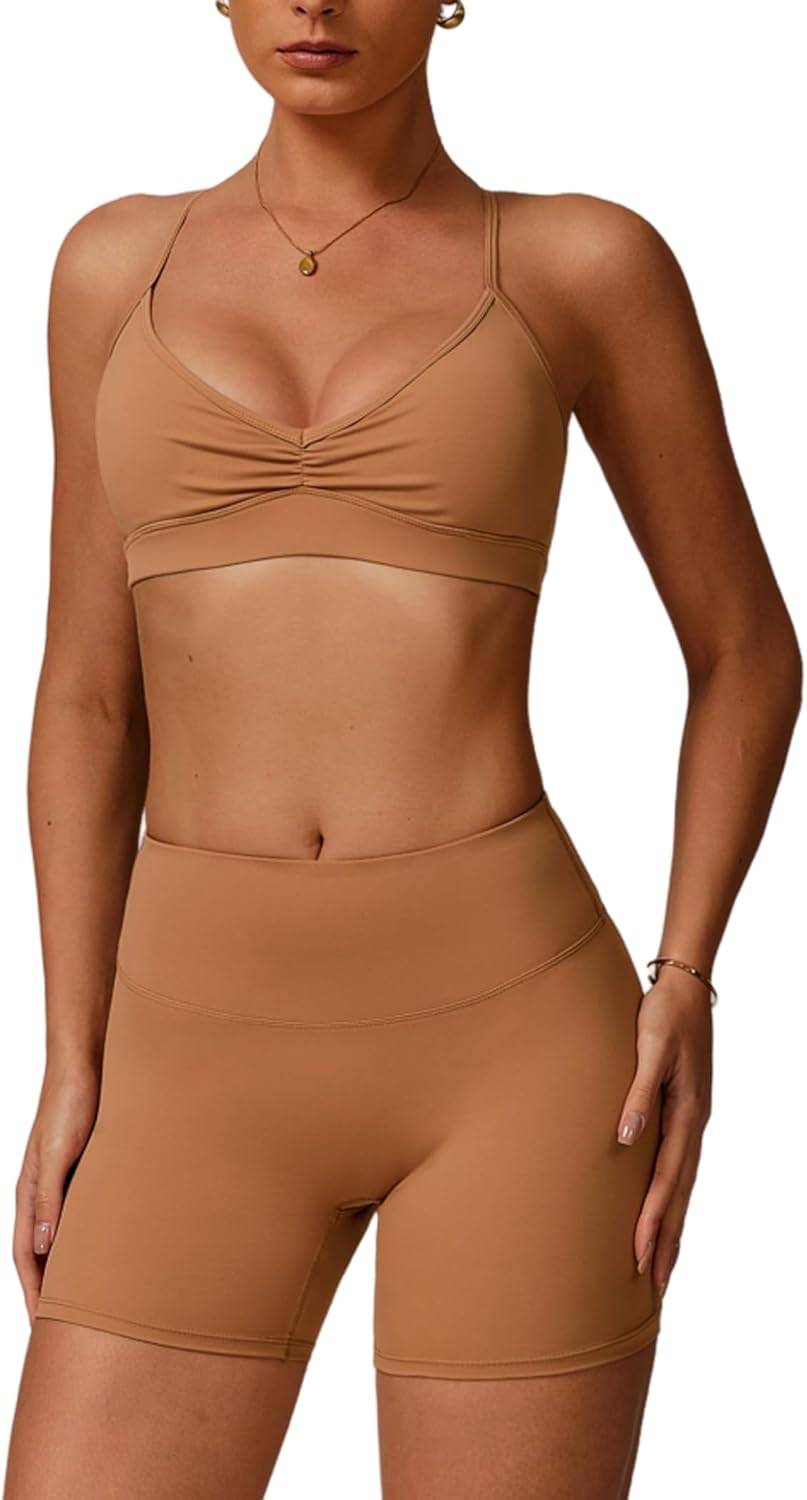 Women Two Piece Workout Sets Support Ruched Cross Back Sports Bras Matching Booty Lifting Shorts Gym Yoga Outfits