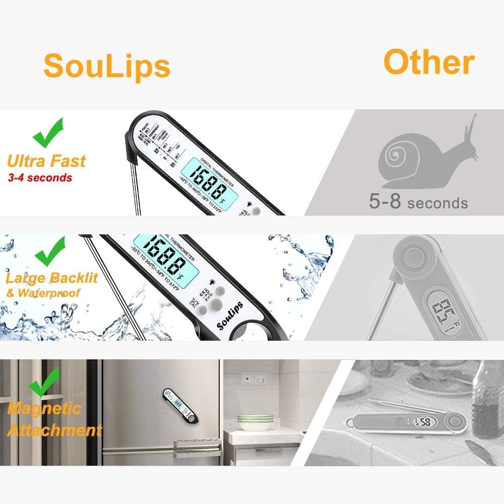 Nеw Arrіvаlѕ SouLips Digital Meat Thermometer, Instant Read Waterproof Food Thermometer with Big Back-light Calibration Bottle Opener Magnetic Portable for Kitchen Outdoor BBQ Cooking Grill Smoker Oil, Black/White