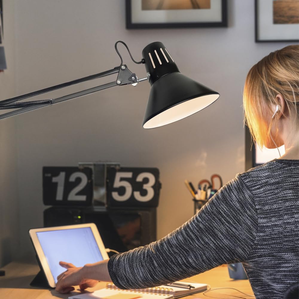 Milpoel Lampe de Table Métallique, Tête Orientable, Design Moderne, avec Douille E27, Interrupteur sur Cordon 1,7m, pour Bureau, Lecture, Chevet (Noir)