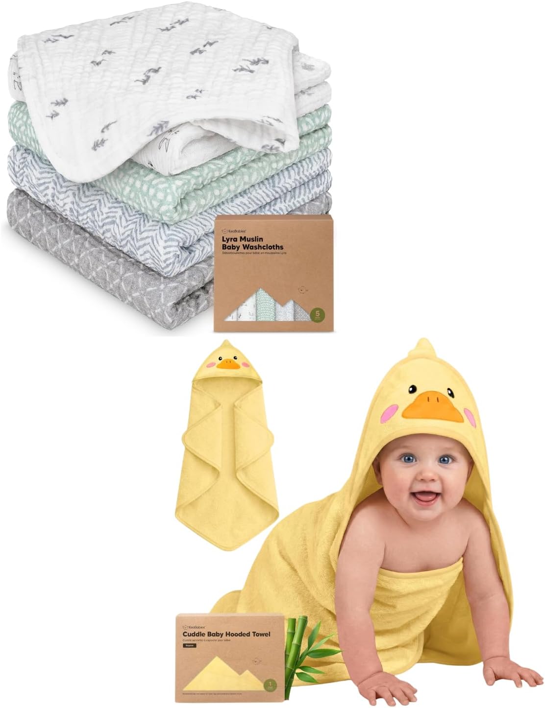 KeaBabies 5-Pack Cotton Baby Washcloths for Newborn, Kids and Baby Hooded Towel - Cotton Muslin Soft Wash Cloths, Super Absorbent & Scratch-Free Rag, Hooded Towel for Infant & Toddlers