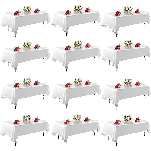 12 Pack White Table Cloth Rectangle Table 60 x 102 Inch Tablecloths for 6 Foot Rectangle Tables. Stain and Winkle Resistant Polyester Washable White Cloths for Parties